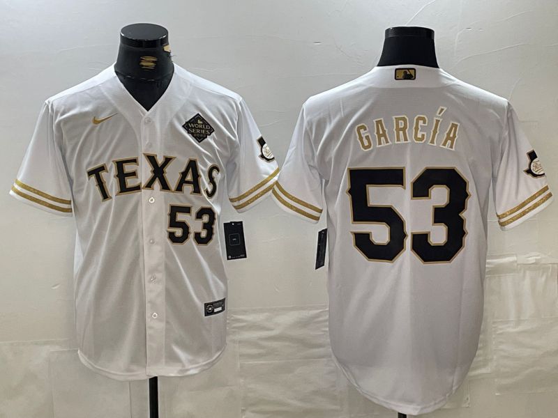 Men Texas Rangers 53 Garcia White gold Fashion Eition Nike 2024 MLB Jersey style 1